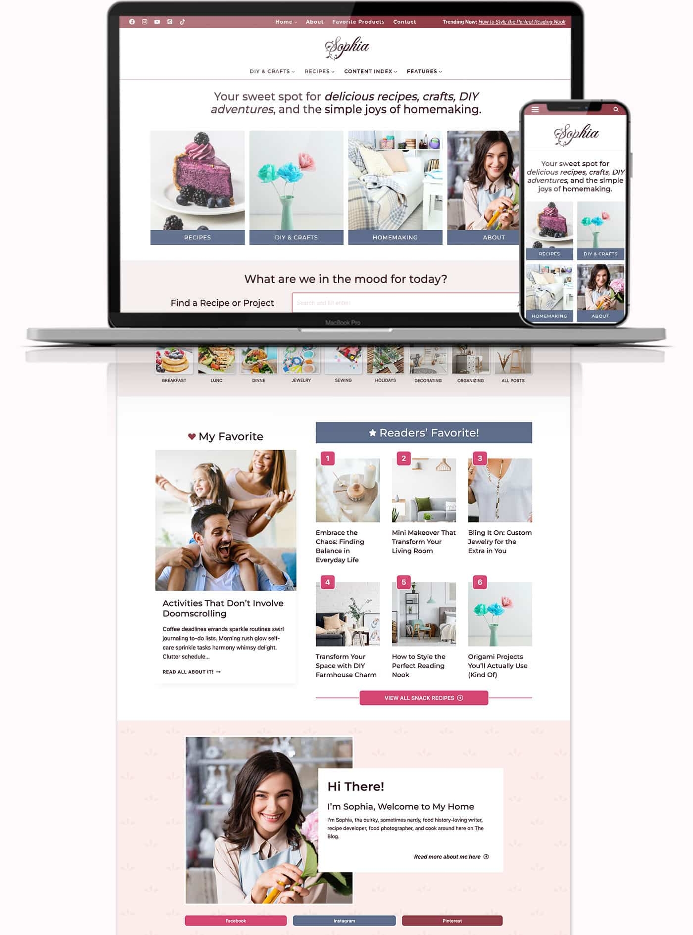 Sophia wp theme on a laptop and mobile mockup
